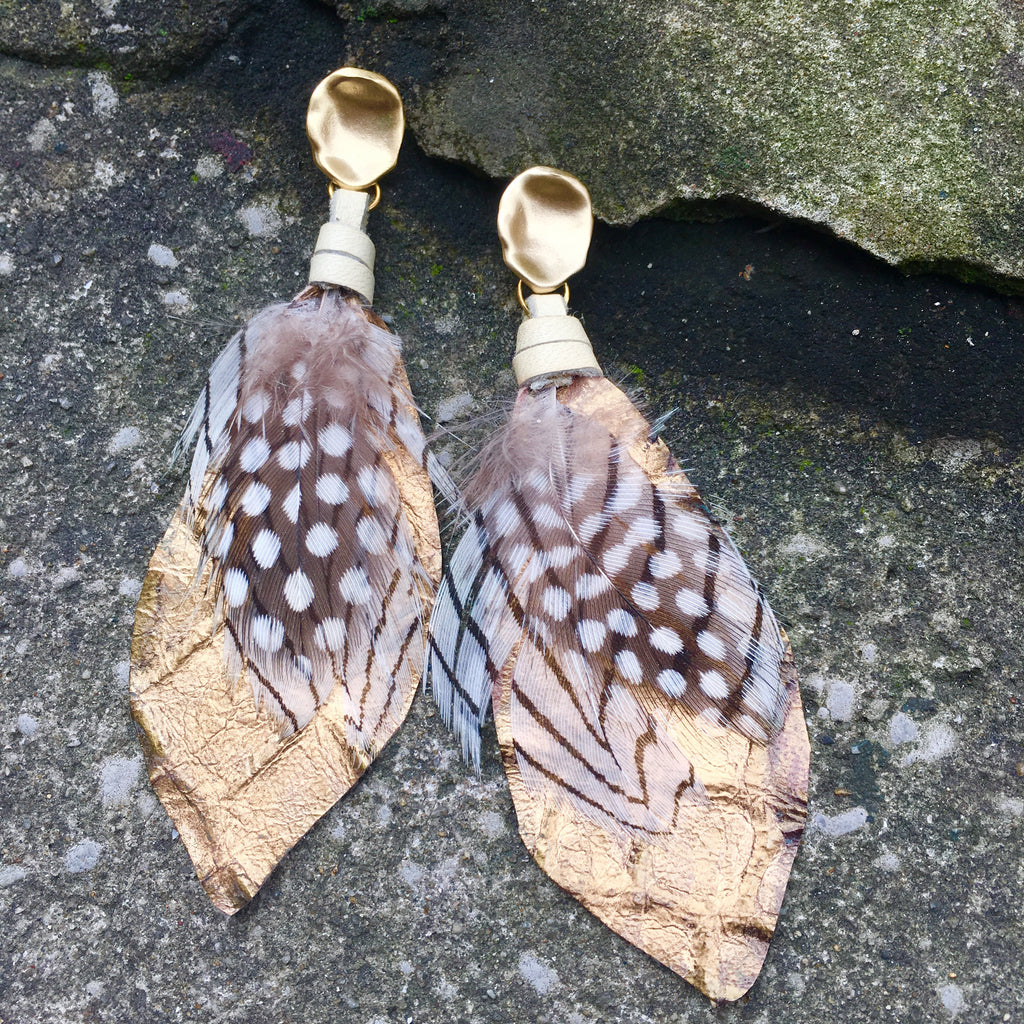 Feather Earrings | Metallic Gold + Cream - burnmark