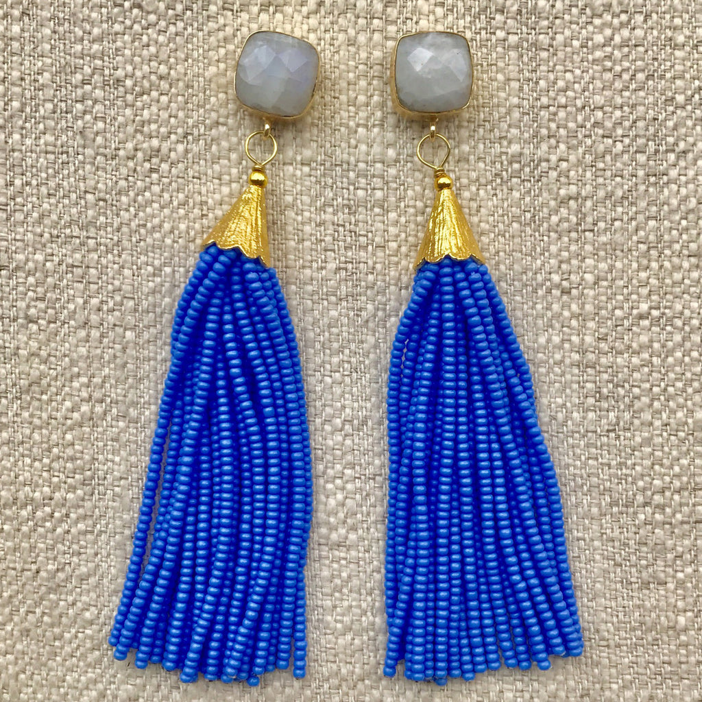 Long Tassel Earrings | Baby Blue + Moonstone - burnmark