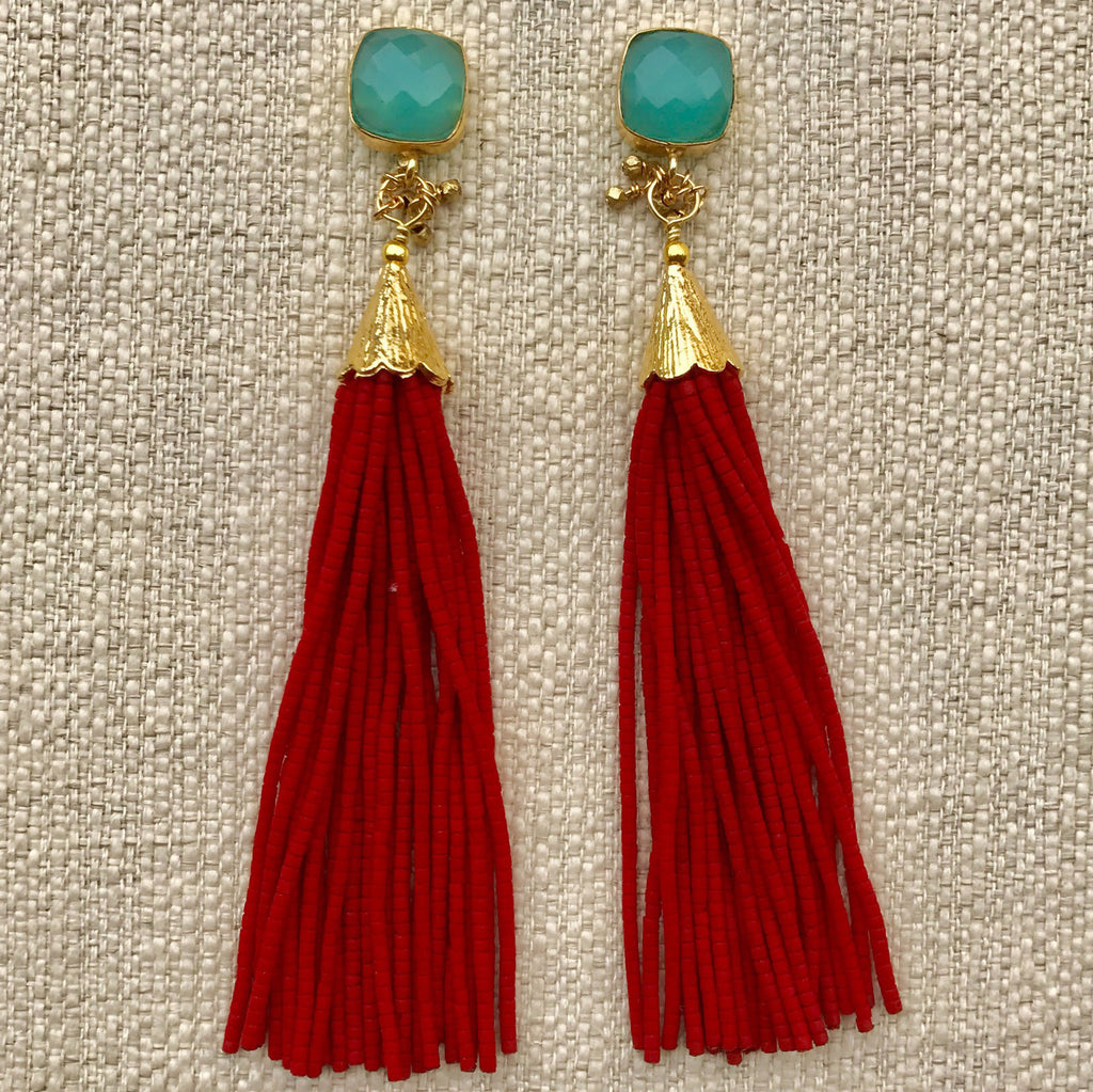 Long Tassel Earrings | Red + Chalcedony - burnmark