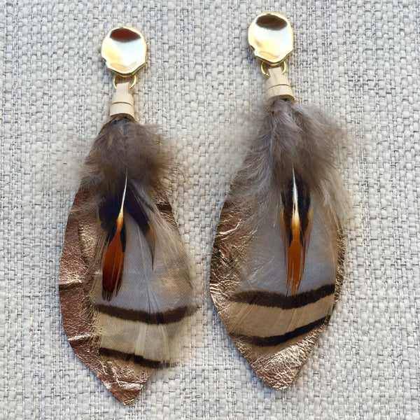 Feather Earrings | Metallic + Cream - burnmark