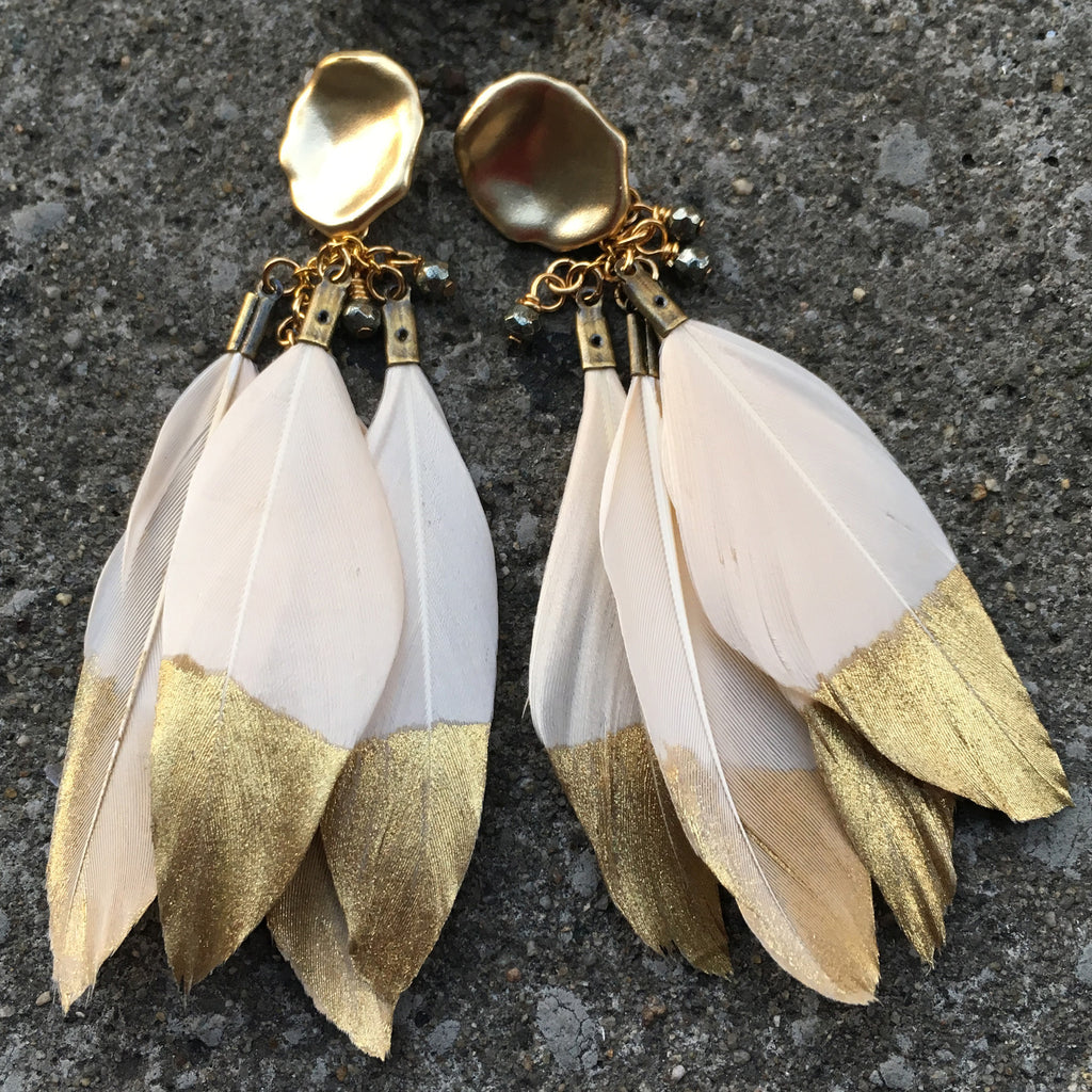 Gold Dipped Feather Earrings | Cream - burnmark