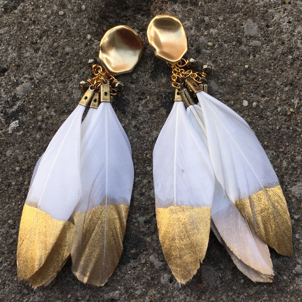 Gold Dipped Feather Earrings | White - burnmark