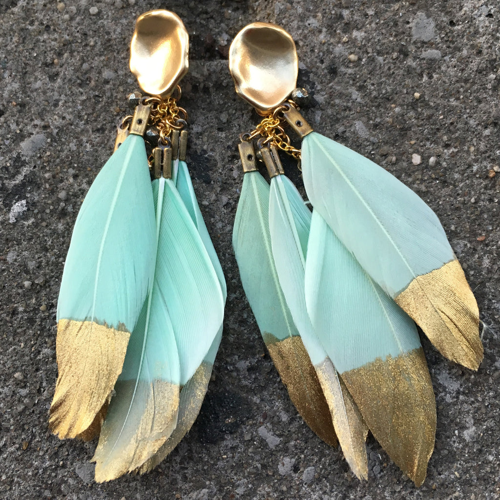 Gold Dipped Feather Earrings | Mint - burnmark