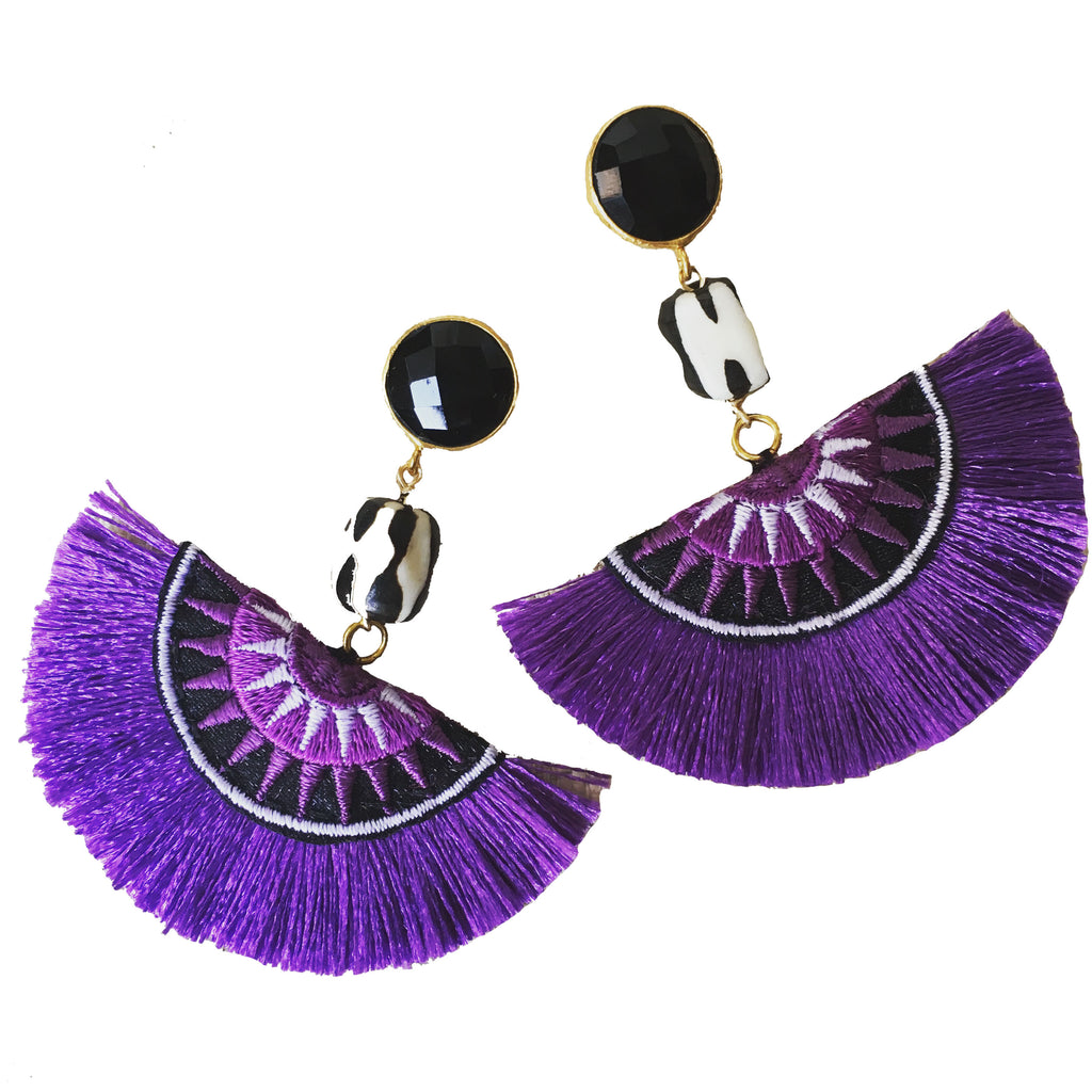 Half Moon Tassel Earrings | Batik + Purple - burnmark