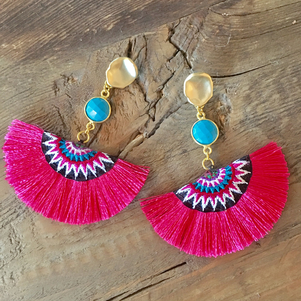 Half Moon Tassel Earrings | Turquoise + Hot Pink - burnmark