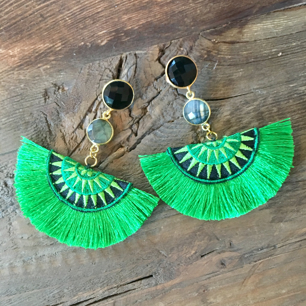 Half Moon Tassel Earrings | Green + Onyx - burnmark