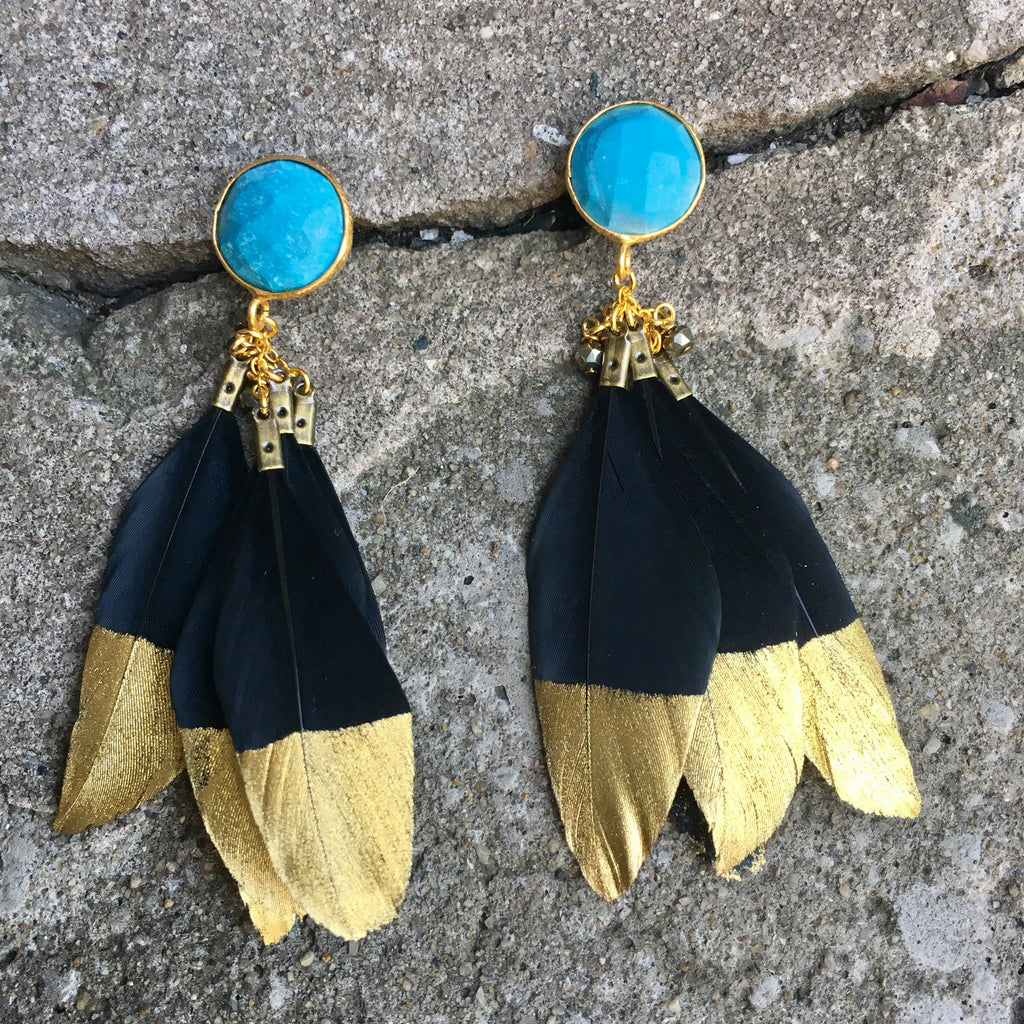 Gold Dipped Feather Earrings | Black + Turquoise - burnmark