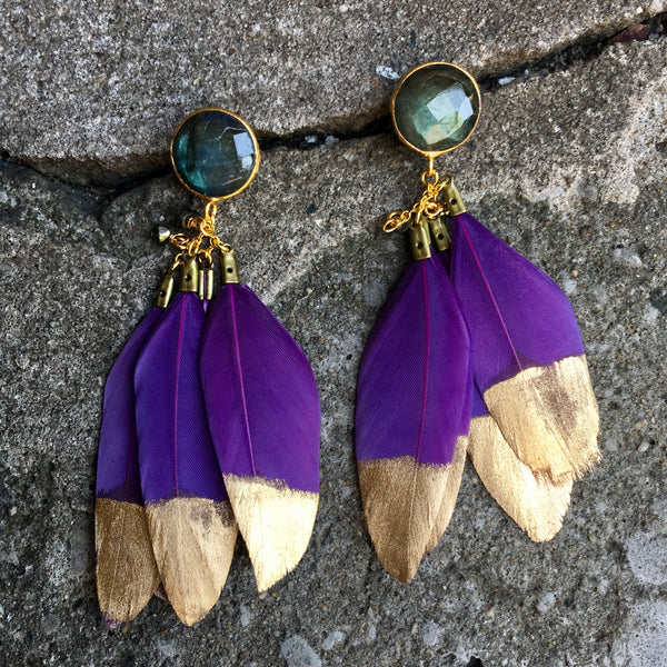 Gold Dipped Feather Earrings | Purple + Labradorite - burnmark