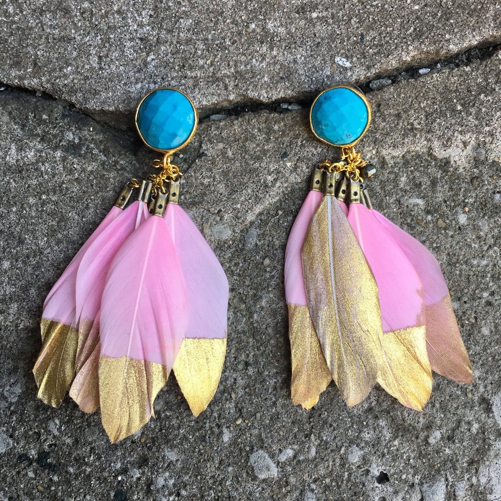 Gold Dipped Feather Earrings | Pink + Turquoise - burnmark