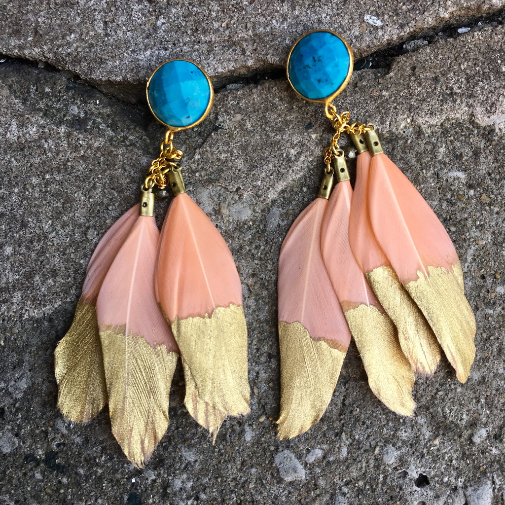 Gold Dipped Feather Earrings | Peach + Turquoise - burnmark