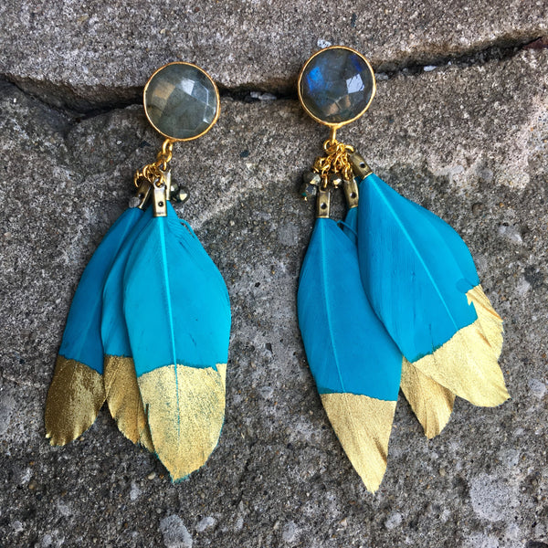 Gold Dipped Feather Earrings | Teal + Labradorite - burnmark