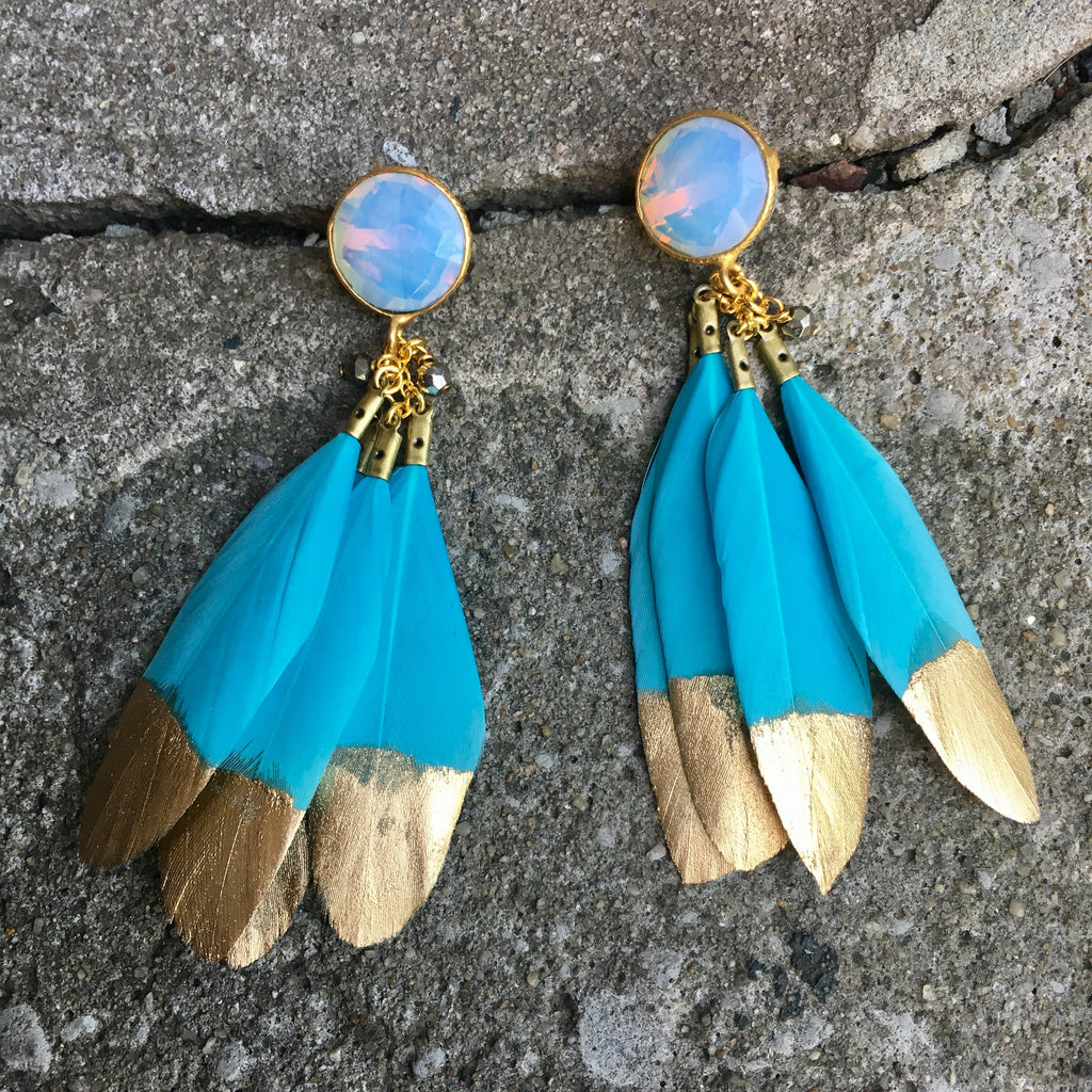 Gold Dipped Feather Earrings | Teal + Moonstone - burnmark