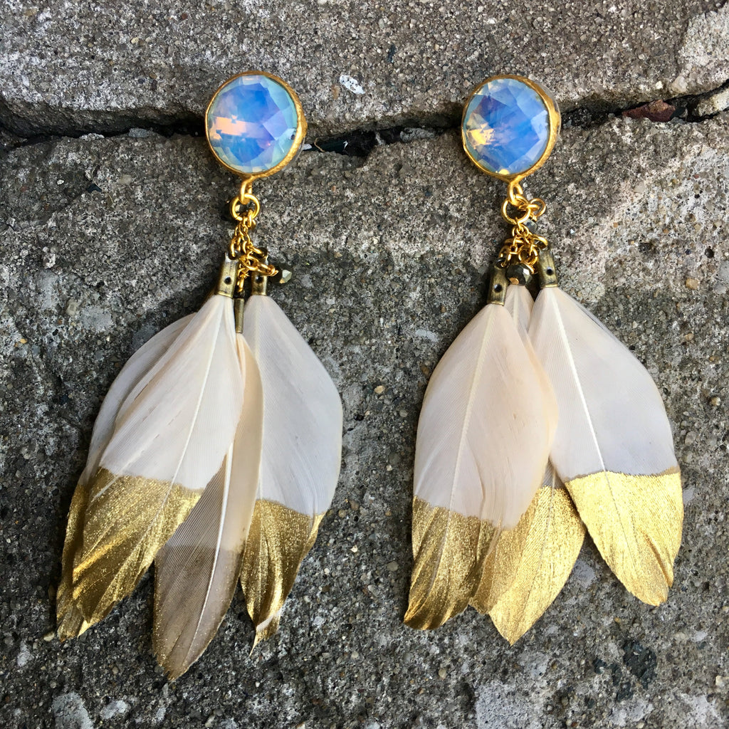 Gold Dipped Feather Earrings | Ivory + Moonstone - burnmark