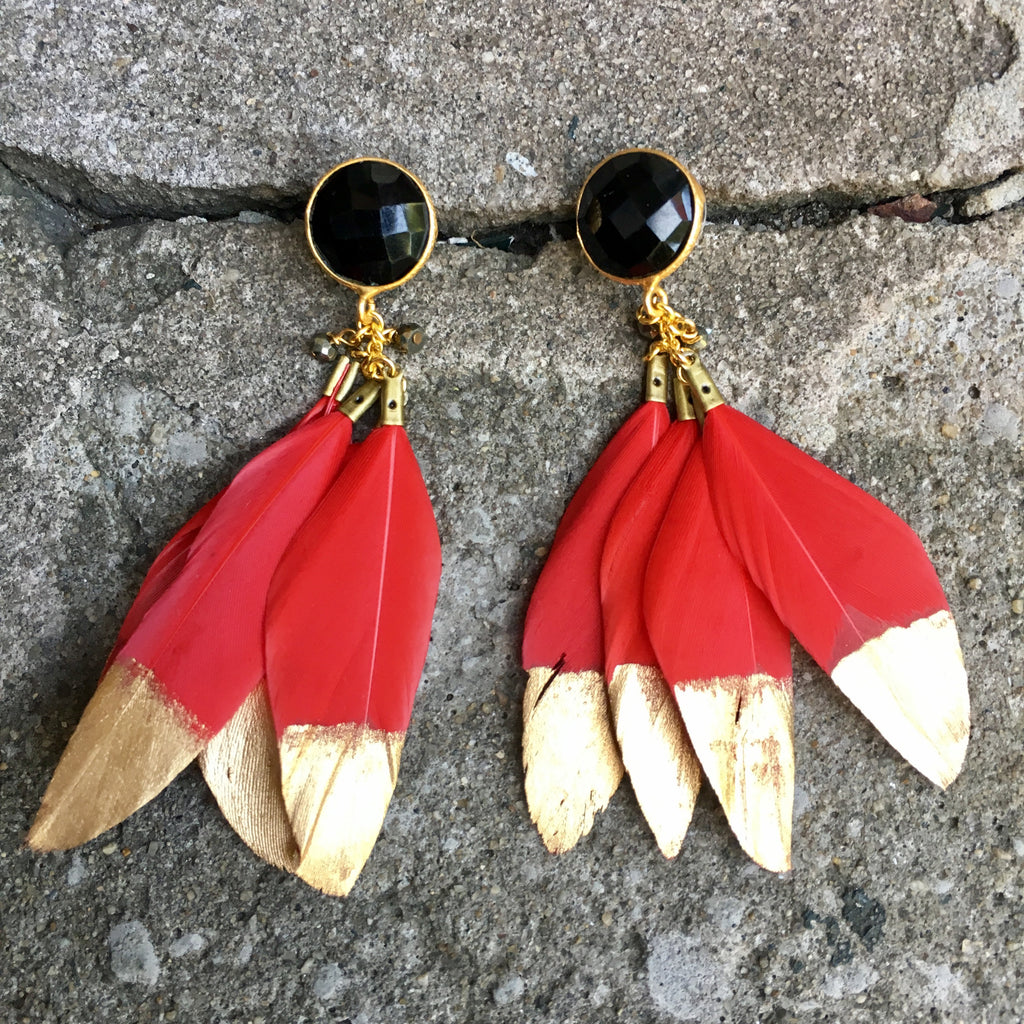 Gold Dipped Feather Earrings | Red + Onyx - burnmark