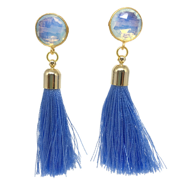 Tassel Drop Earrings | Light Blue + Moonstone - burnmark