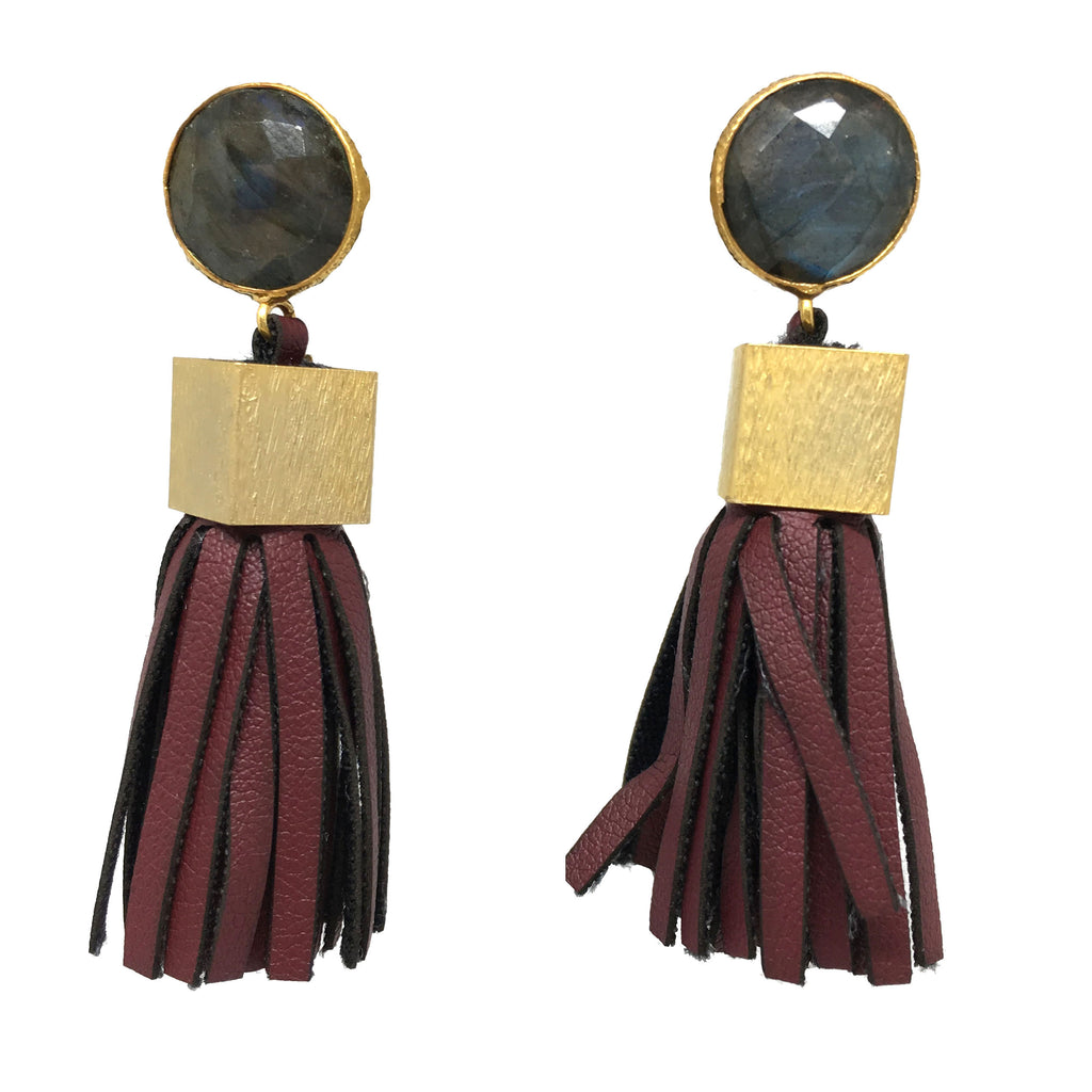 Leather Tassel Earrings | Crimson + Labradorite - burnmark