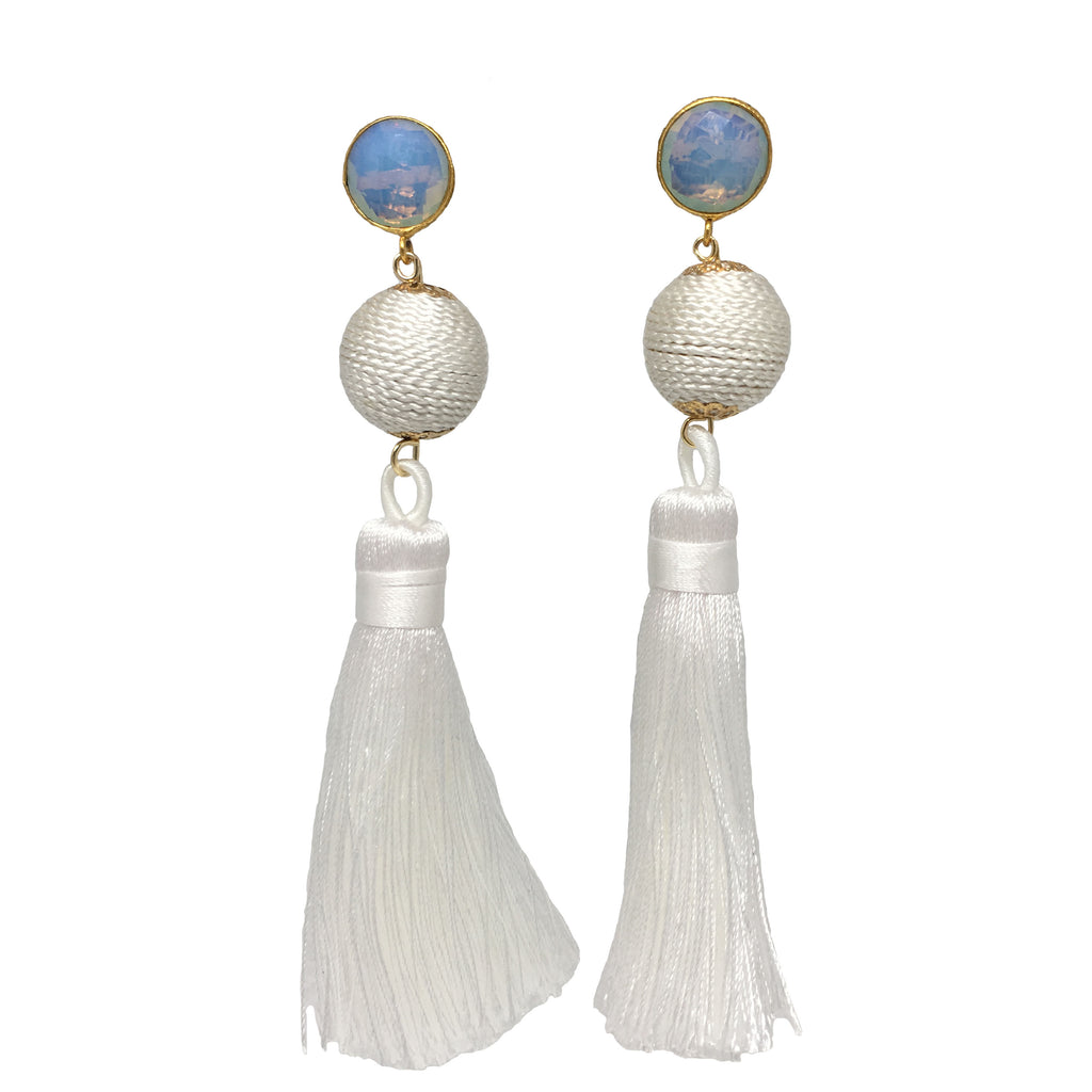 Silk Tassel Earrings | White + Moonstone - burnmark