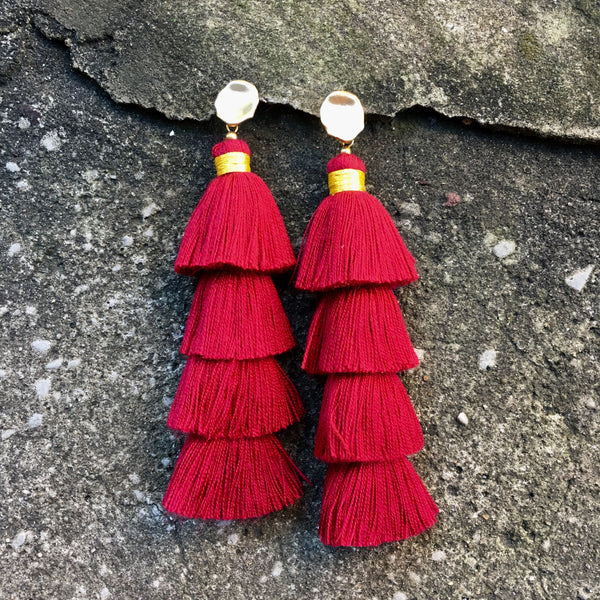 Four Tier Tassel Earrings | Red + Matte Gold - burnmark