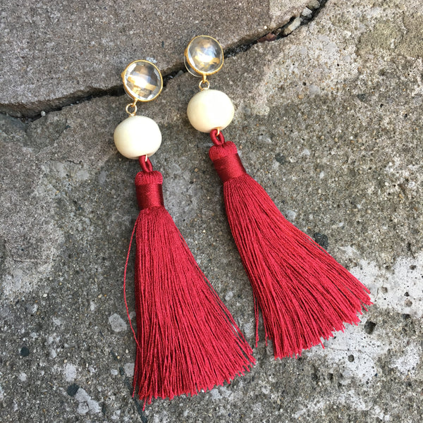 Silk Tassel Earrings | Red + Clear Quartz - burnmark
