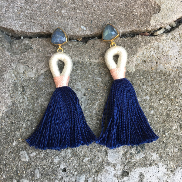 Cotton Tassel  Loop Earrings | Navy + Labradorite - burnmark