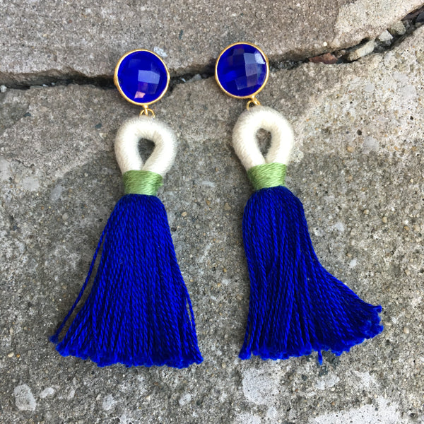 Cotton Tassel  Loop Earrings | Cobalt + Chalcedony - burnmark
