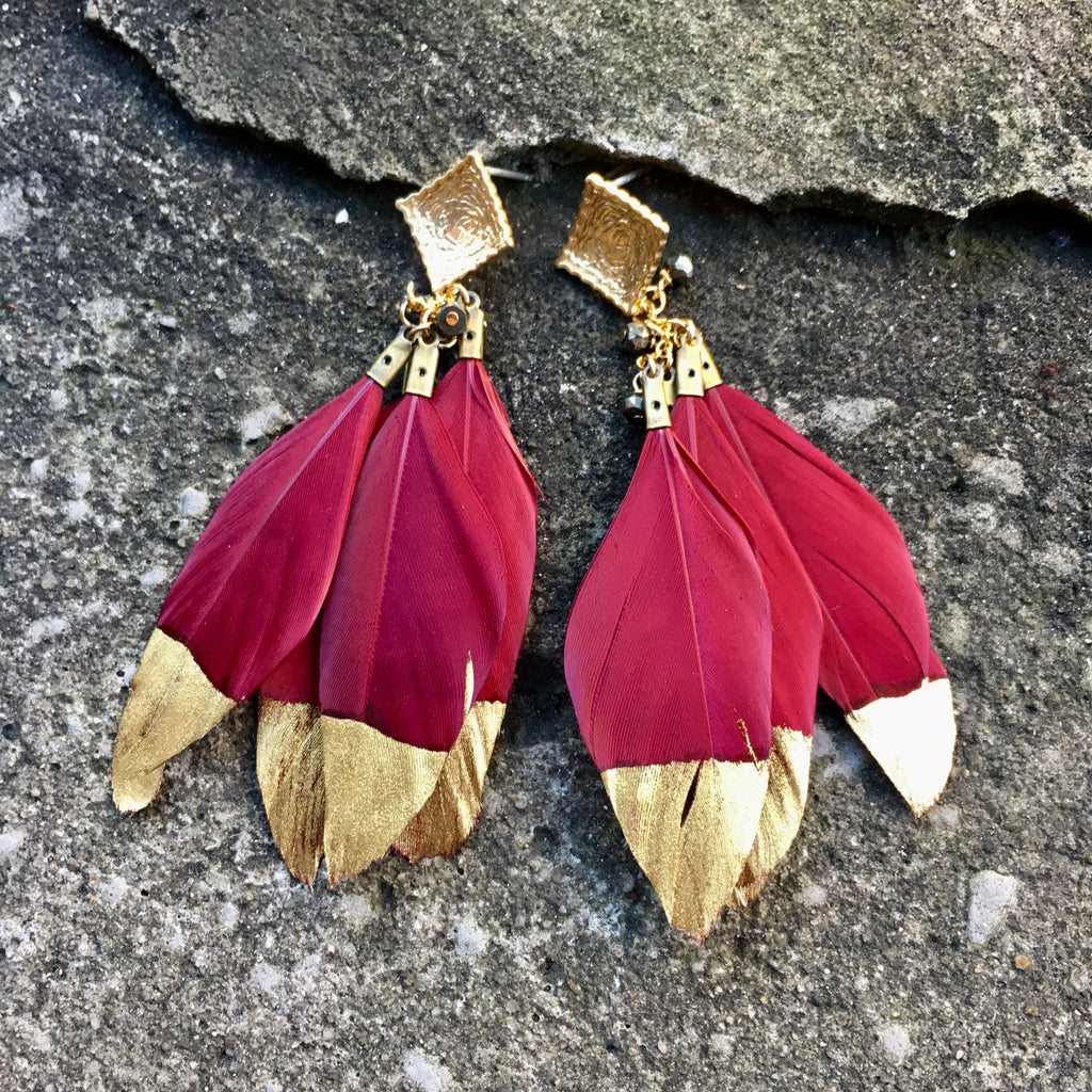 Gold Dipped Feather Earrings | Maroon + Matte Gold - burnmark