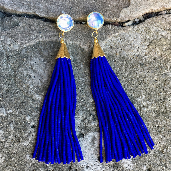 Long Tassel Earrings | Cobalt + Moonstone - burnmark