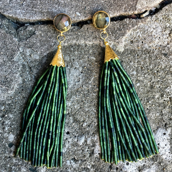 Long Tassel Earrings | Seaweed + Labradorite - burnmark