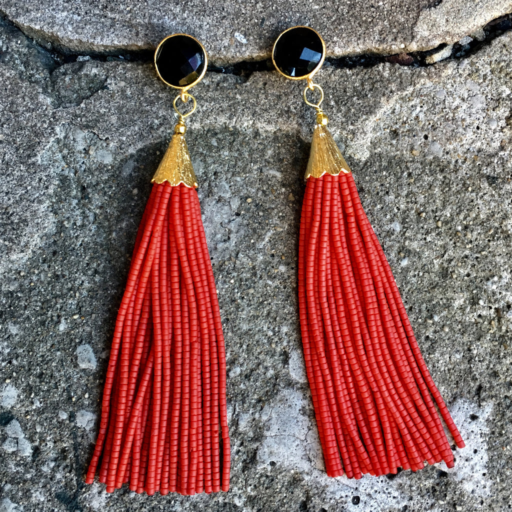 Long Tassel Earrings | Red + Onyx - burnmark