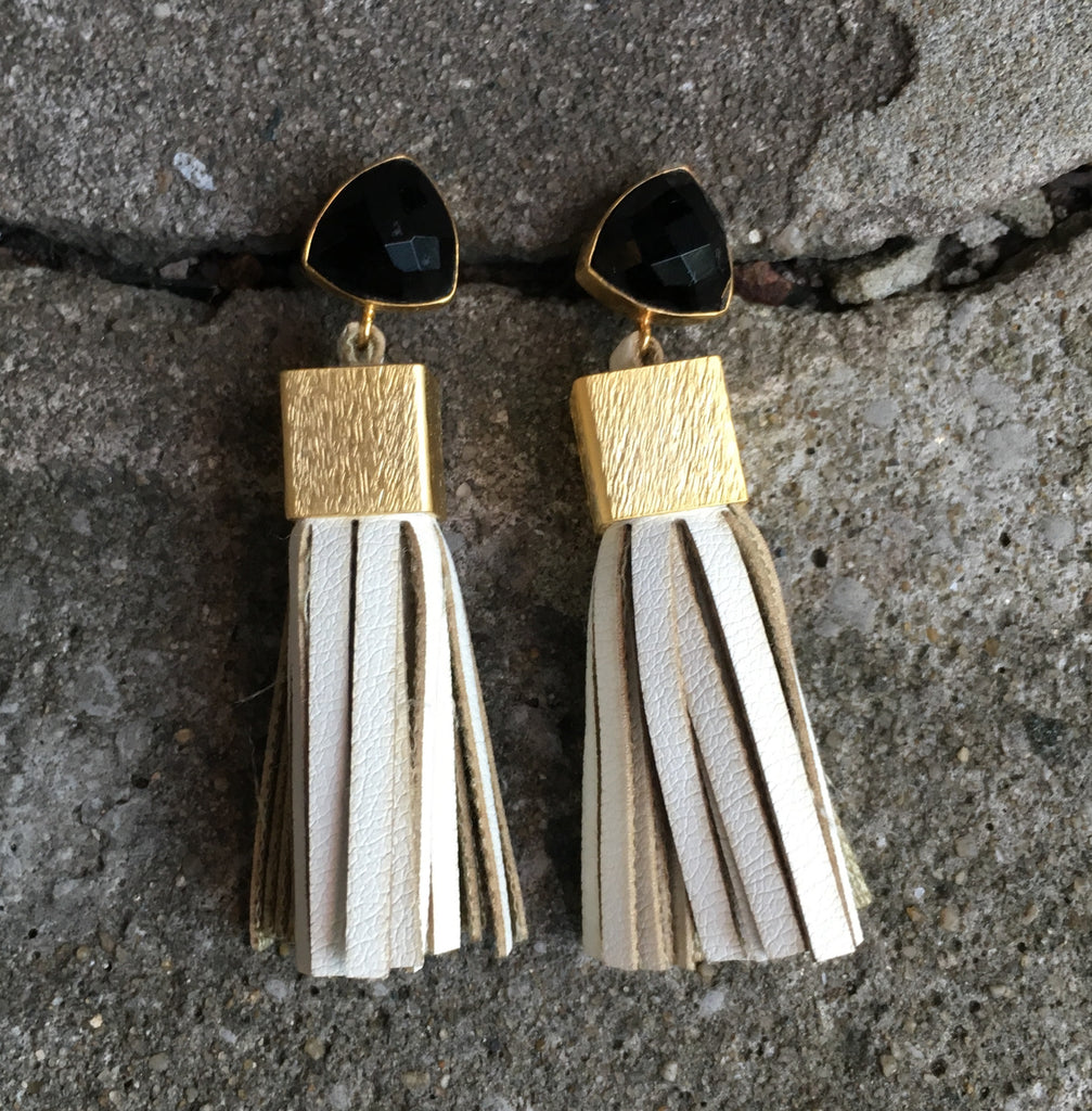 Leather Tassel Earrings | Cream + Onyx - burnmark