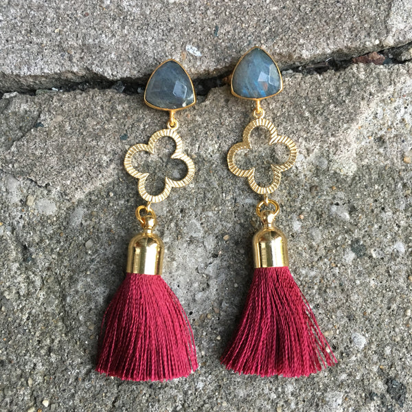Clover Tassel  Earrings | Maroon + Labradorite - burnmark