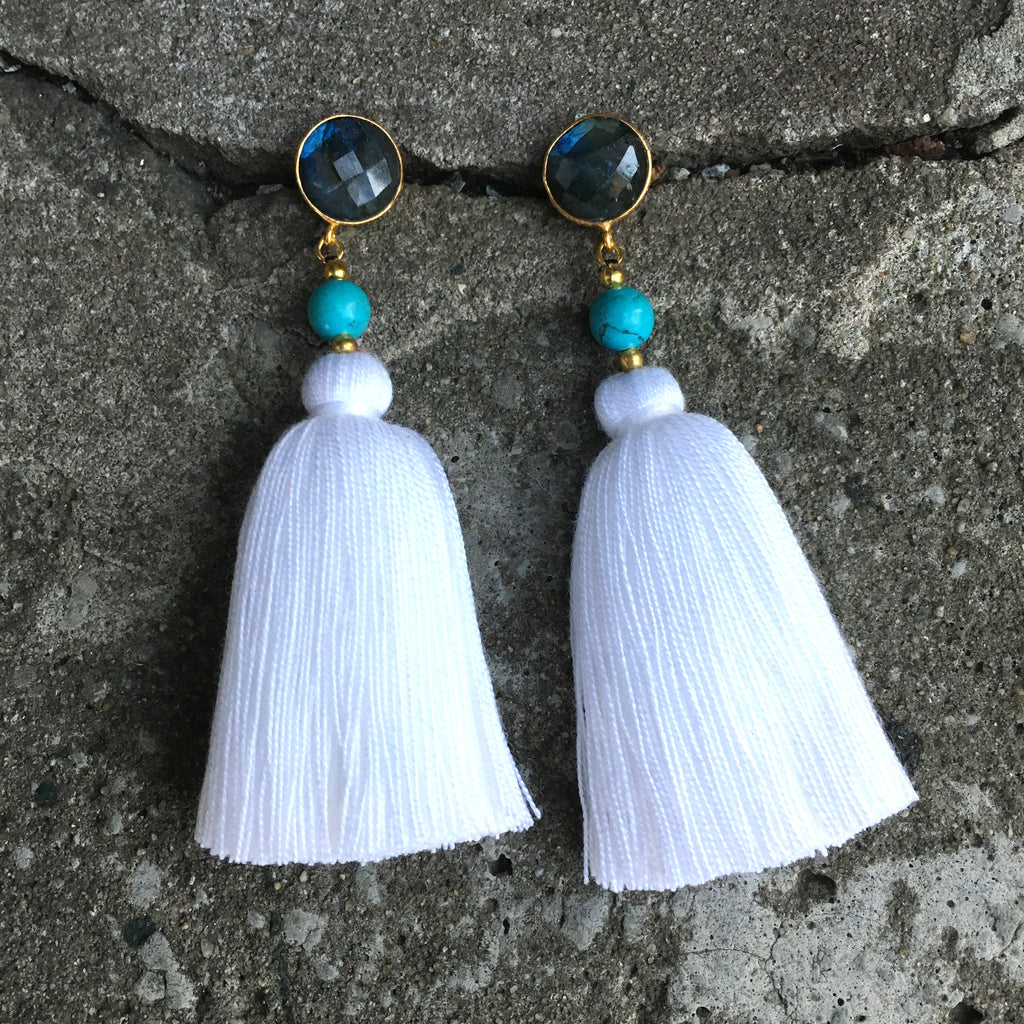 Tassel  Earrings | White + Labradorite - burnmark