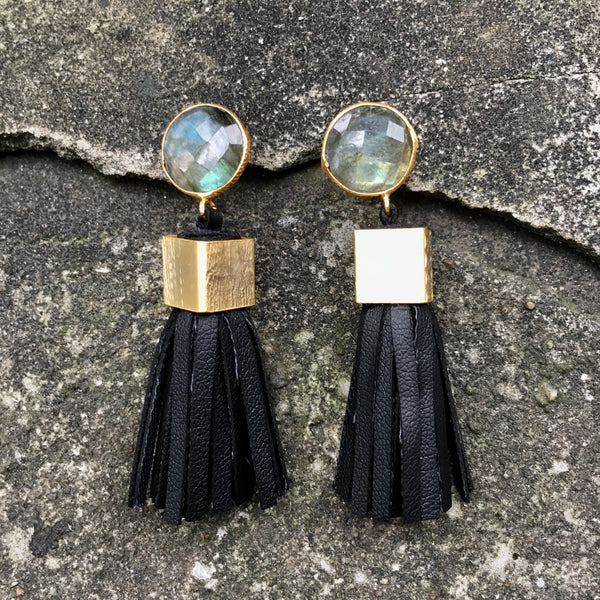 Leather Tassel Earrings | Black + Labradorite - burnmark