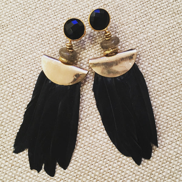 Feather Earrings | Nigerian Brass + Onyx - burnmark