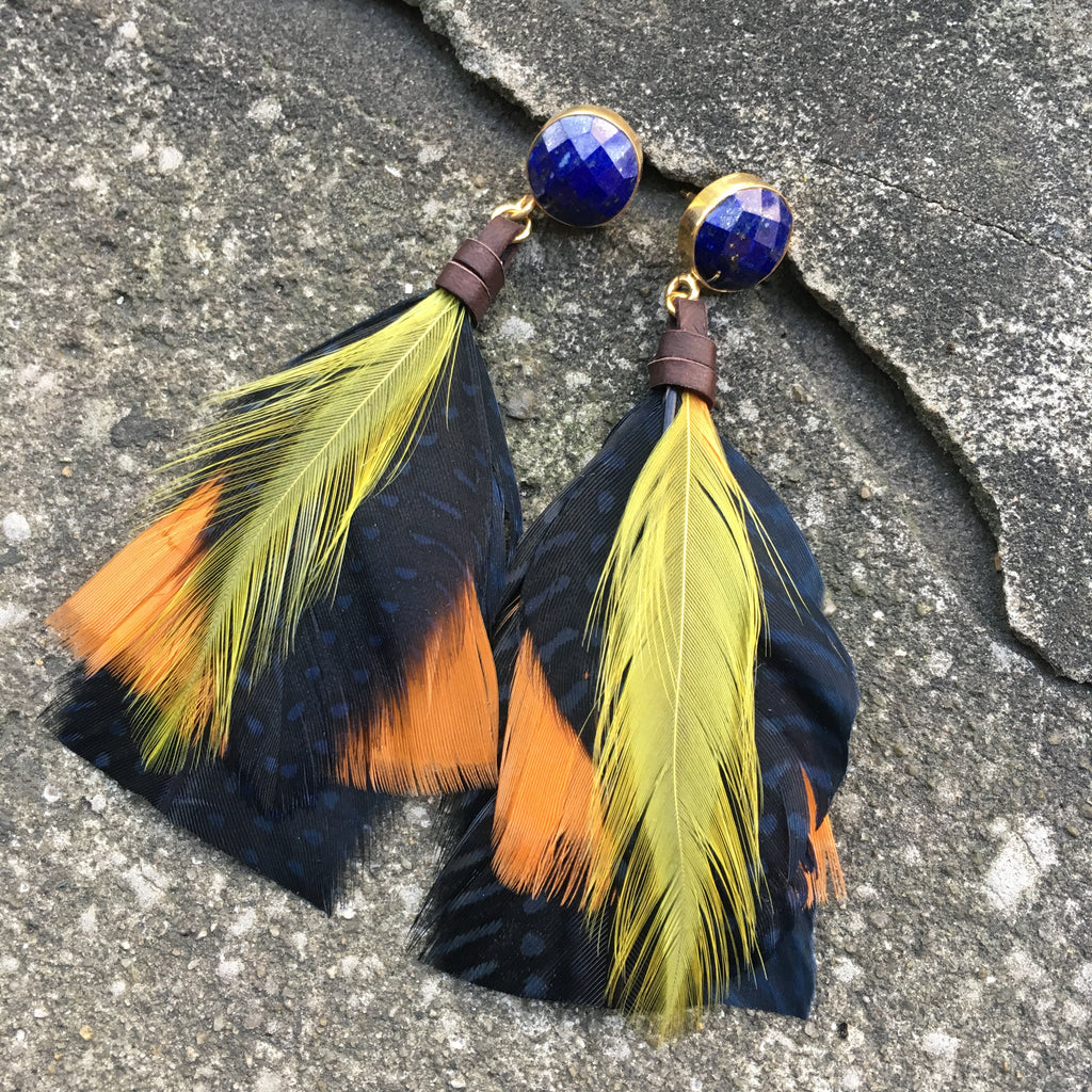 Feather Earrings | Pheasant + Lapis - burnmark