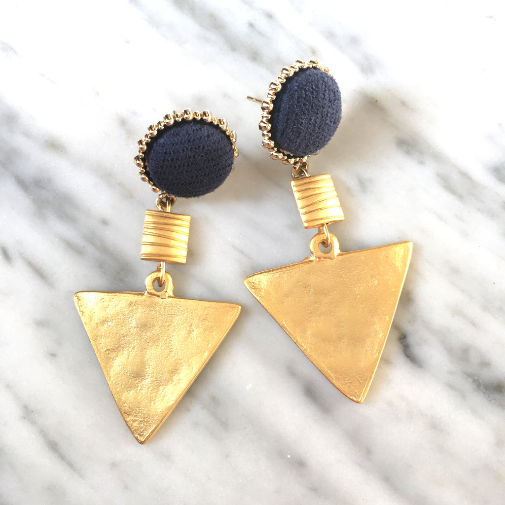 Triangle Drop Earrings | Navy + Matte Gold - burnmark