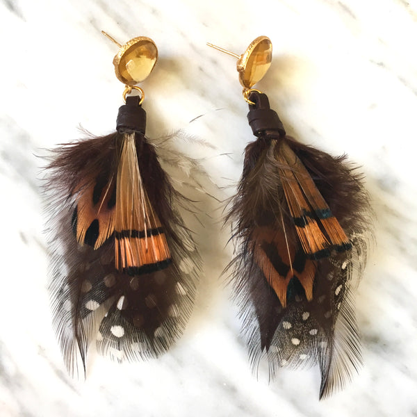 Feather Earrings | Pheasant + Citrine - burnmark
