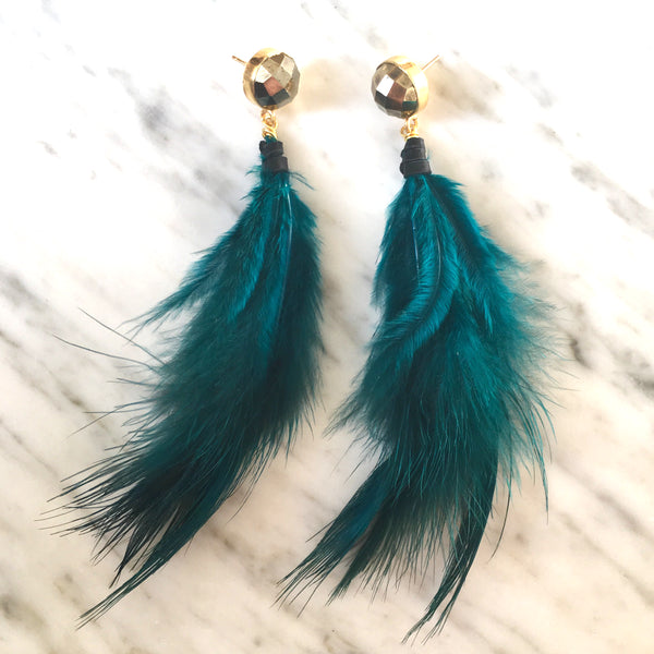 Feather Earrings | Teal + Pyrite - burnmark