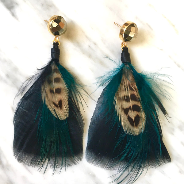 Feather Earrings | Teal + Pyrite - burnmark