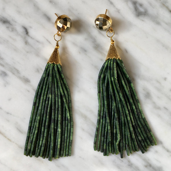 Long Tassel Earrings | Seaweed + Pyrite - burnmark