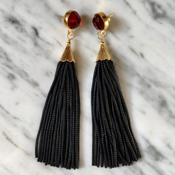 Long Tassel Earrings | Black + Garnet - burnmark