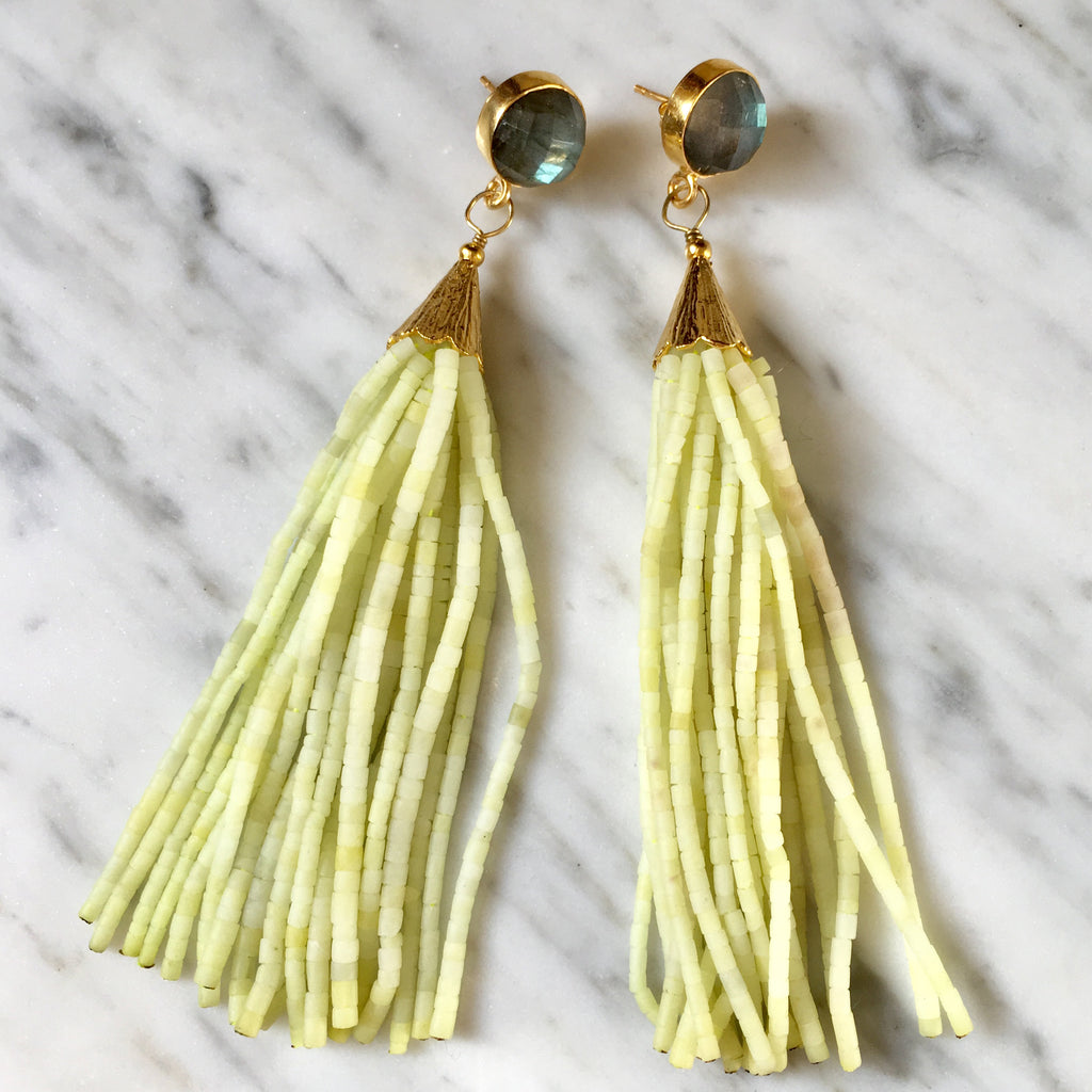 Long Tassel Earrings | Chartreuse + Labradorite - burnmark
