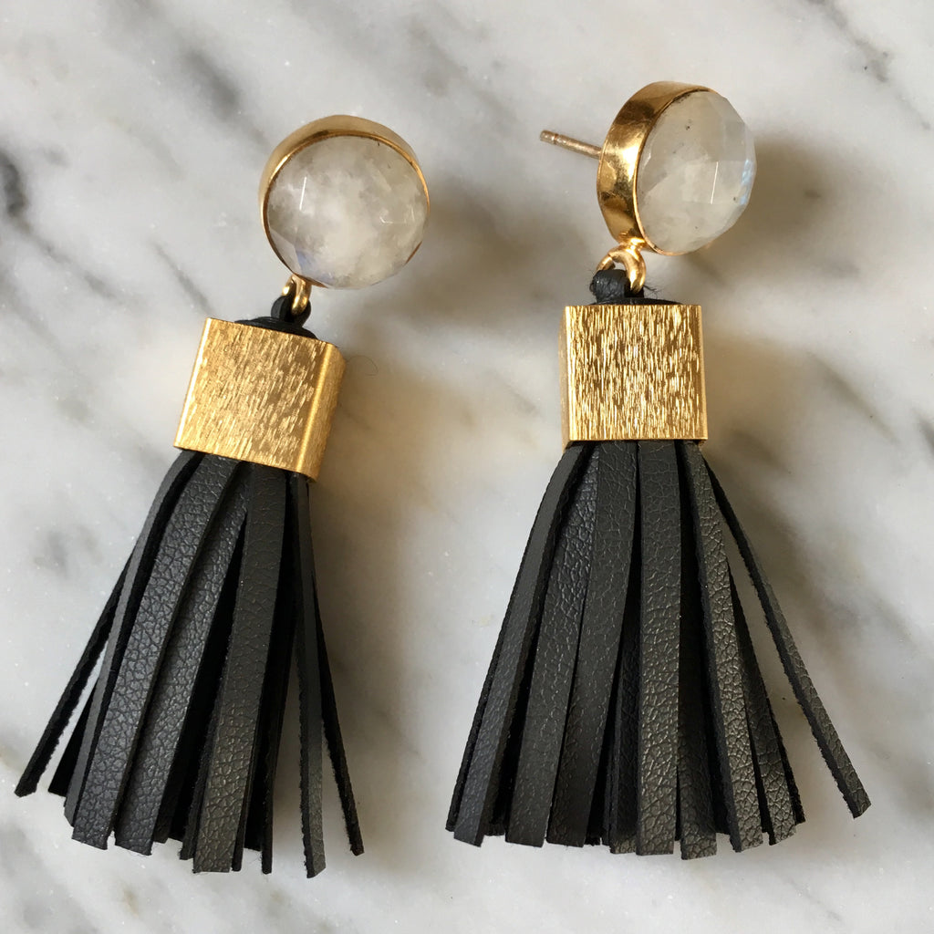 Leather Tassel Earrings | Charcoal + Moonstone - burnmark