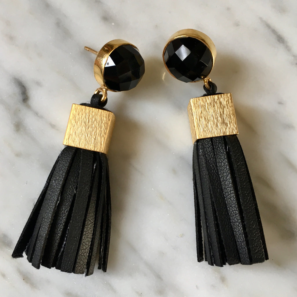 Leather Tassel Earrings | Black + Onyx - burnmark