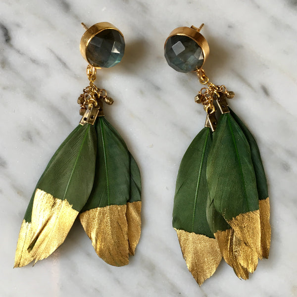 Gold Dipped Feather Earrings | Hunter Green + Labradorite - burnmark