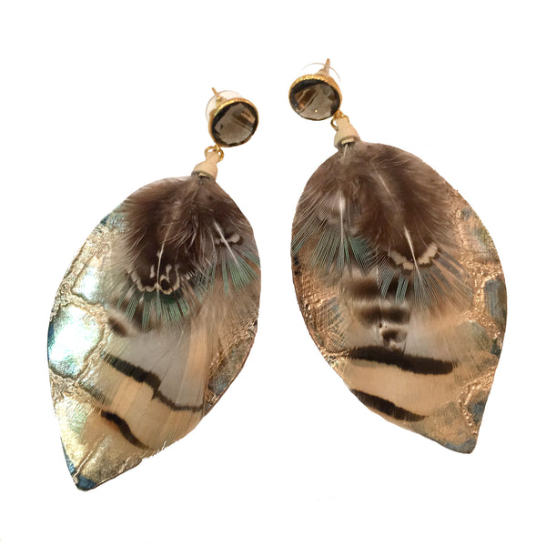 Mixed Feather Earrings | Metallic Gold + Smoky Quartz - burnmark