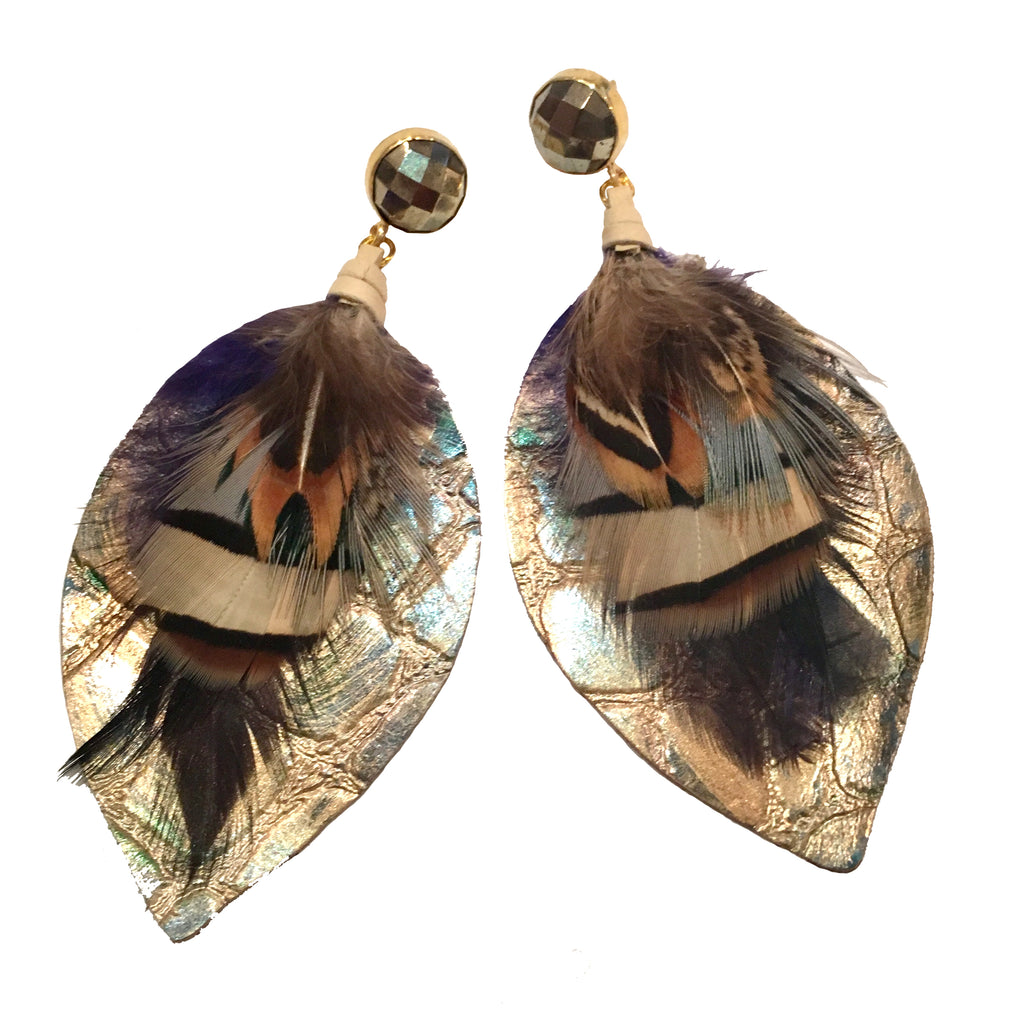 Mixed Feather Earrings | Metallic Gold + Pyrite - burnmark