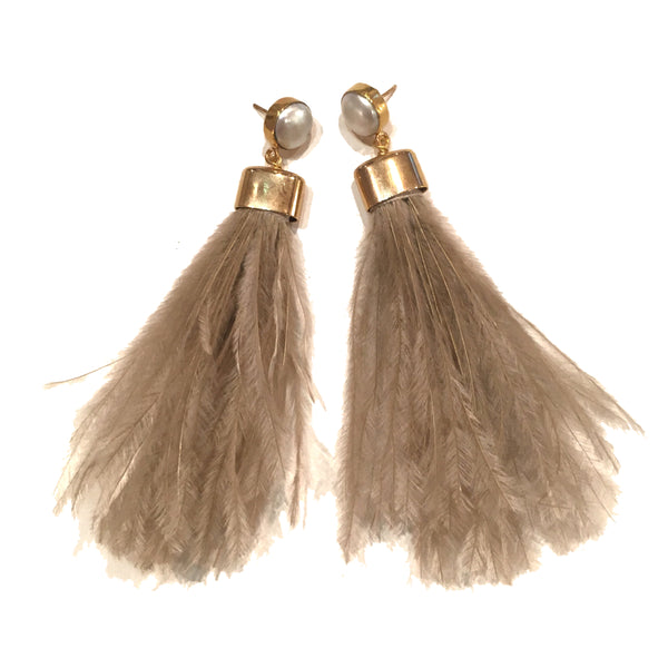 Ostrich Feather Earrings | Beige + Pearl - burnmark