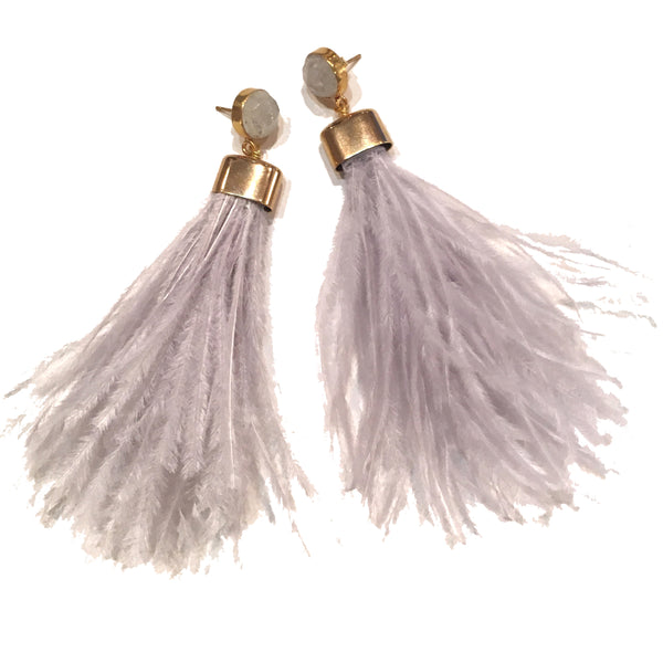 Ostrich Feather Earrings | Pale Grey + Moonstone - burnmark