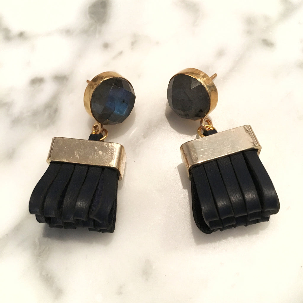 Mini Leather Tassel Earrings | Black + Labradorite - burnmark